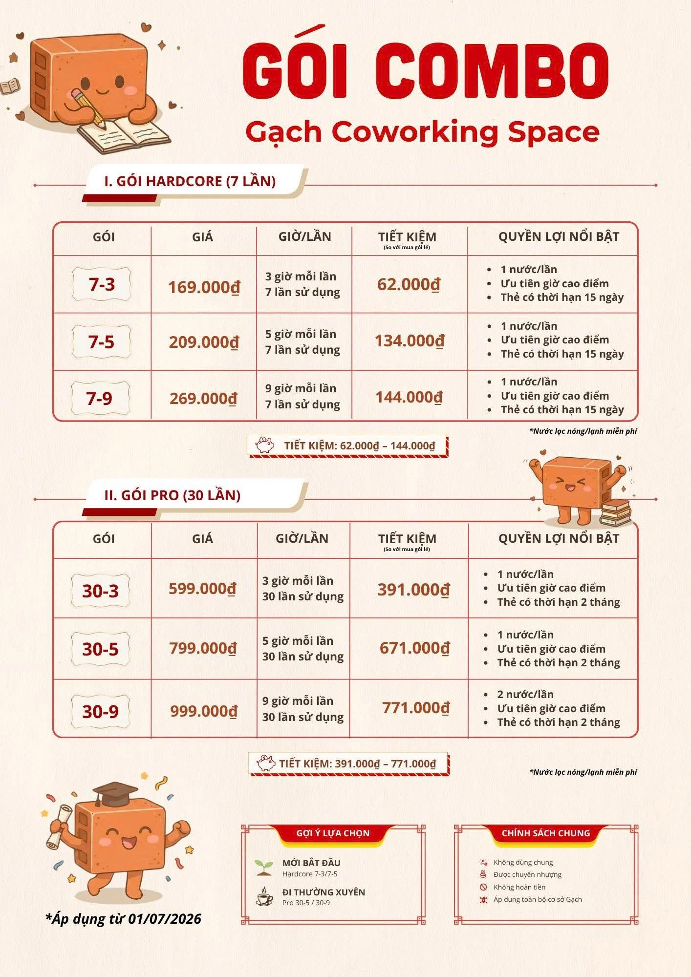 Bảng gói combo Gạch-Coworking Space