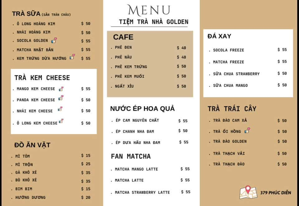 Menu Tiệm trà nhà Golden 24/24